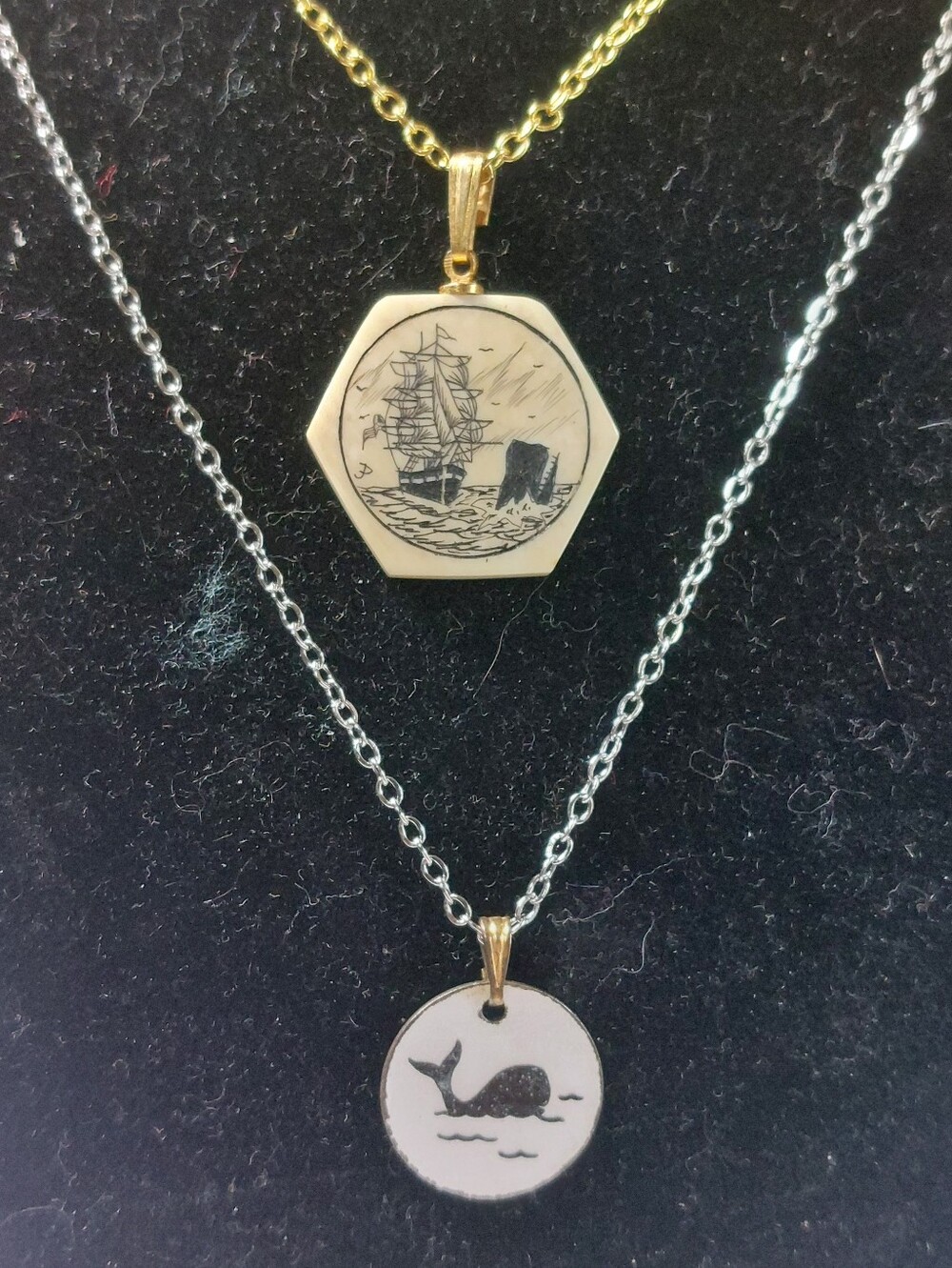 Vintage Nautical Necklace Lot: Faux Scrimshaw Tall Ship & Enamel Whale Fluke